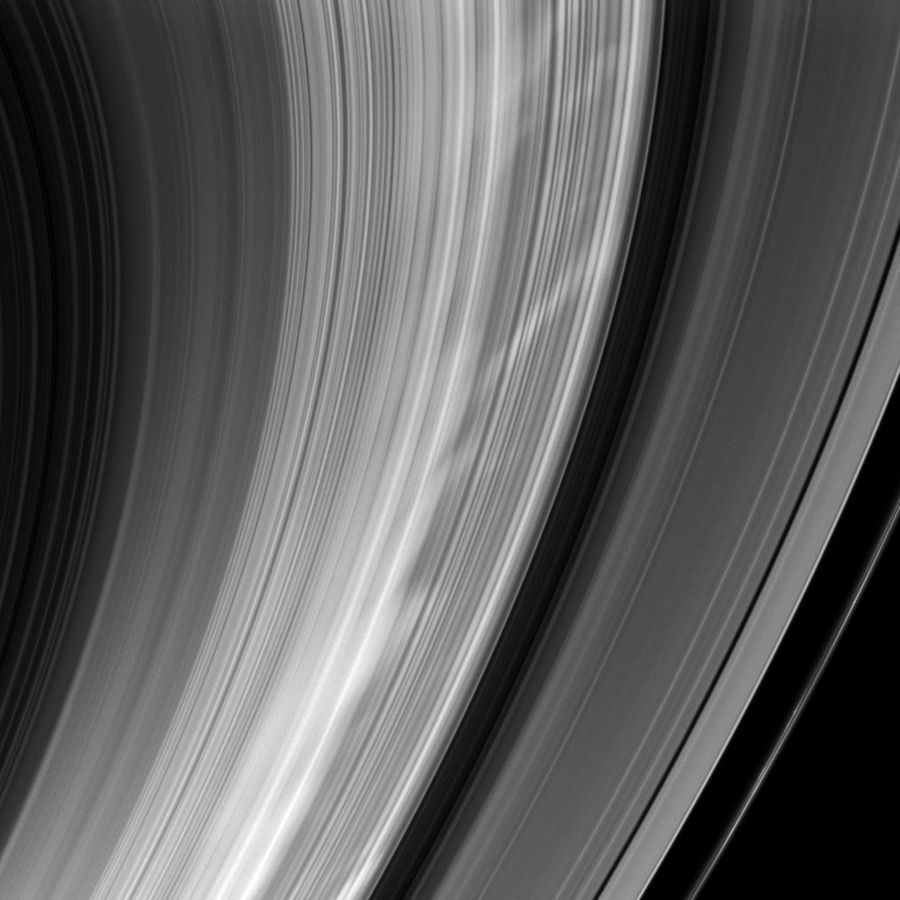 Cassini image of the sun-lit side of the rings taken in 2009 at a phase angle of 144°, with bright B Ring spokes.