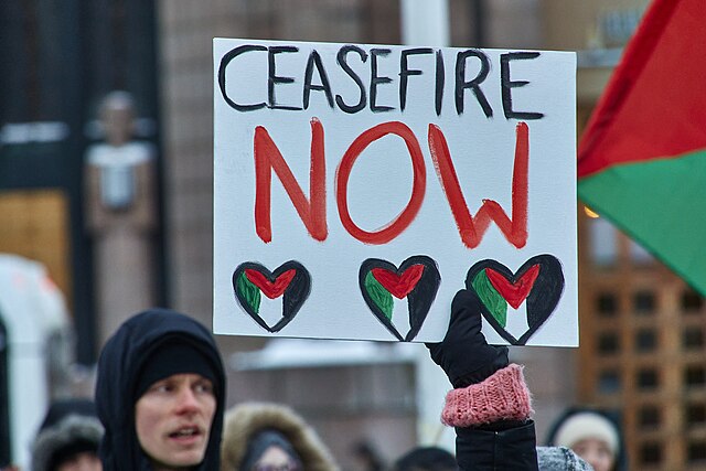 A protester holding a sign that reads "CEASEFIRE NOW" and has drawings of Palestinian flags