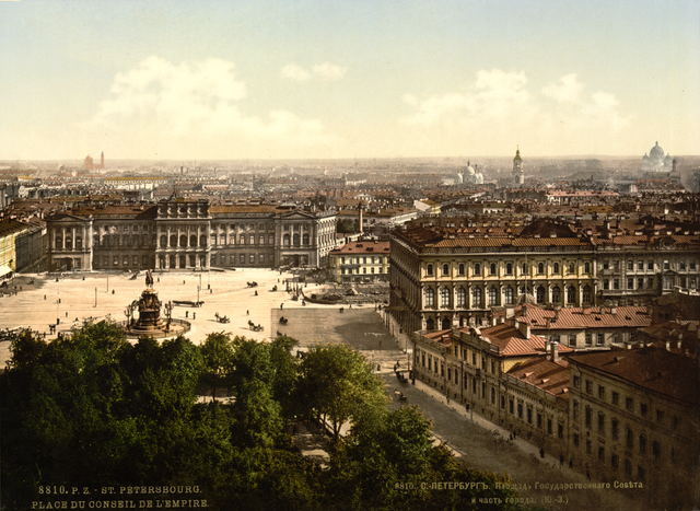 Fotokrom av Isaksplassen i St. Petersburg rundt år 1890.