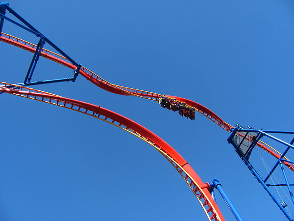 A view upwards at Superman: Ultimate Flight's heartline roll