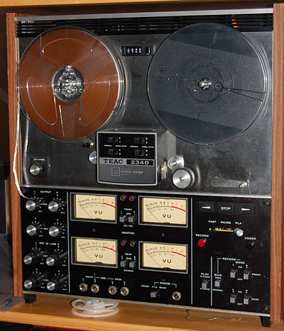 The TEAC 2340, a popular early (1973) home multitrack recorder, four tracks on ¼ inch tape.