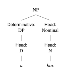 An NP with a determinative DP and a head nominal. The DP is headed by a D "a", and the nominal is headed by an N "box"
