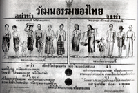 Thai poster from the cultural mandate era demonstrating prohibited dress on the left and proper dress on the right. Thai culture poster.PNG