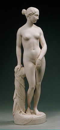 Copy in Parian ware of Hiram Powers' hit sculpture The Greek Slave, 1849. 14 1/2 inches high, where the original was life-size. The Greek Slave MET ADA5387.jpg