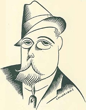 A stylized line drawing of a man in a suit and cap with a Van Dyke beard and very large doe eyes