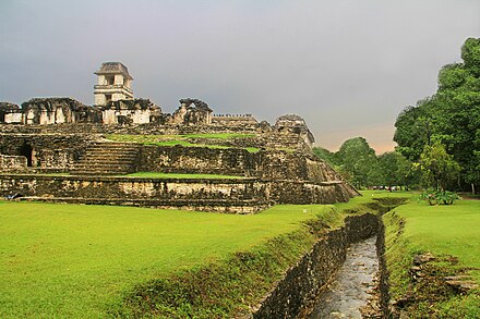 According to stela at Piedras Negras, K'inich Yo'nal Ahk I waged a successful war against Palenque (pictured). The Palenque Palace Aqueduct.jpg