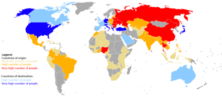 A schematic showing global human trafficking from countries of origin and destinationCountries of origin Yellow: Moderate number of personsOrange: High number of personsRed: Very high number of personsCountries of destination Light blue: High number of personsBlue: Very high number of persons Countries shown in grey are neither countries of origin nor countries of destination