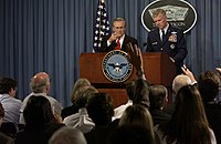 Secretary Rumsfeld responds to a reporter's question during a Pentagon press briefing. Rumsfeld and General Richard Myers, Chairman of the Joint Chiefs of Staff, gave reporters an operational update on Operation Iraqi Freedom on October 2, 2003.