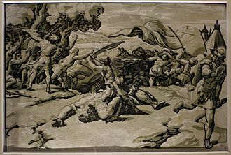David Slaying Goliath, c. 1520, after Raphael, chiaroscuro woodcut with 3 blocks Ugo da carpi, davide e golia (da raffaello), xilografia a 3 legni, 1500-30 ca.JPG