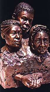 Unearthed (2002) - A bronze sculpture by artist Frank Bender based upon the forensic facial reconstructions of three intact skeletons exhumed at the African Burial Ground. Unearthed-Frank Bender-African Burial Ground-NYC.jpg