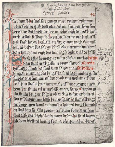 The initial page of the first complete copy of Västgötalagen, the law code of Västergötland, from c. 1280. It is one of the earliest texts in Swedish 