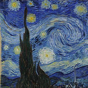 La nit estelada, de Van Gogh (1889). La tècnica de l'impasto i l'estructura de la línia fan la sensació que el cel es mou.[4]