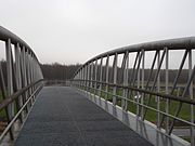 Midden op de Veeneikbrug, met roosters waarover men heen kan lopen of fietsen.