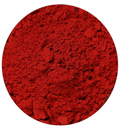 Vermilion pigment, made from cinnabar. This was the pigment used in the murals of Pompeii and to color Chinese lacquerware beginning in the Song dynasty.