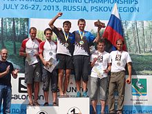 World Rogaining Championships 2013 Men's Open winners. From left: Rait Pallo, Timmo Tammemae - silver (Estonia), Rain Eensaar, Silver Eensaar - gold (Estonia), Oleg Kalinin, Evgeny Dombrovskiy - bronze (Russia) WRC2013.jpg