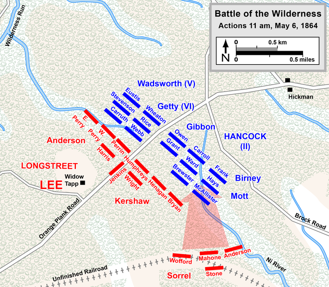 Longstreet's attack in the Battle of the Wilderness, May 6, 1864, shortly before he was wounded   Confederate   Union