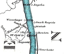 segment of map showing "Winnebago" at mile 2235 of the 1866 Mississippi River ribbon map by Coloney and Fairchild, St Louis. Winnebago (now Sartell) on the 1866 Mississippi river ribbon map.png