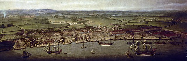 Woolwich dockyard, painted in 1790, thirteen years after HMS Aurora was launched there