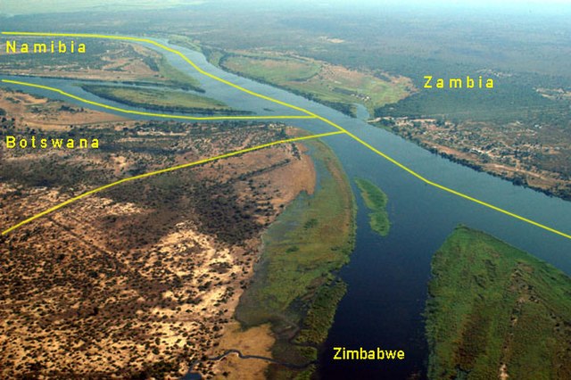 Zambezi River at the junction of Namibia (top left), Zambia (top), Zimbabwe (bottom right), and Botswana (bottom left)