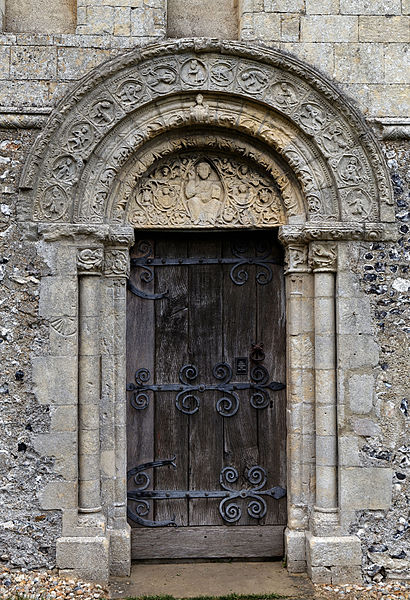 File:'Berfrestone' (DB) door and tympanum arch St Nicholas Church Barfrestone Kent England 1.jpg