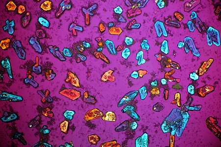 Potassium sulfate microcrystals under polarized light