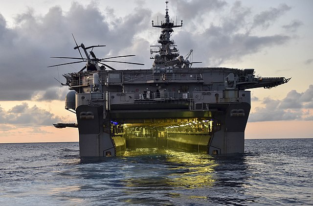 Well deck of USS Iwo Jima seen from a deployed landing craft
