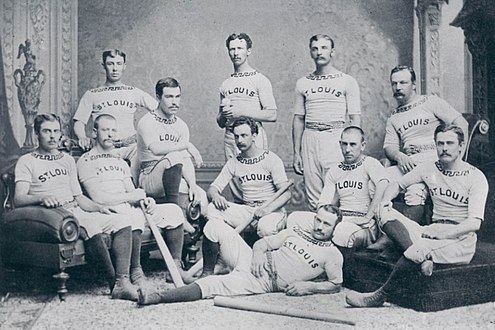 Top row from left to right: Joe Blong, right field and change pitcher; George Bradley, pitcher; John Clapp, catcher; Dickey Pearce, short fielder. Bottom row from left to right: Joe Battin, third base; George Seward, substitute and change catcher; John Chapman, right field; Lip Pike, right; Edgar Cuthbert, center; Michael McGeary, second base; Denny Mack, short fielder and general utility man. 1876 St. Louis Brown Stockings.jpg