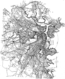 Planned West End Street Railway system, 1885; consolidation of these lines was complete by 1887. See also 1880 horse railway map. 1885 West End Street Railway map.png