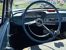 Spinner added to the steering wheel of a Rambler Classic 1962 Rambler Classic Custom 4-door sedan blue 2015 AMO meet 3of4.jpg