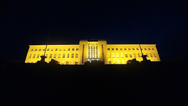 The main building at summer midnight