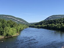 Delaware Water Gap seen from the Delaware River Viaduct in Knowlton Township, New Jersey in June 2021 2021-06-16 09 10 03 View of the Delaware Water Gap from the Delaware River Viaduct over the Delaware River on the border of Knowlton Township, Warren County, New Jersey and Upper Mount Bethel Township, Northampton County, Pennsylvania.jpg