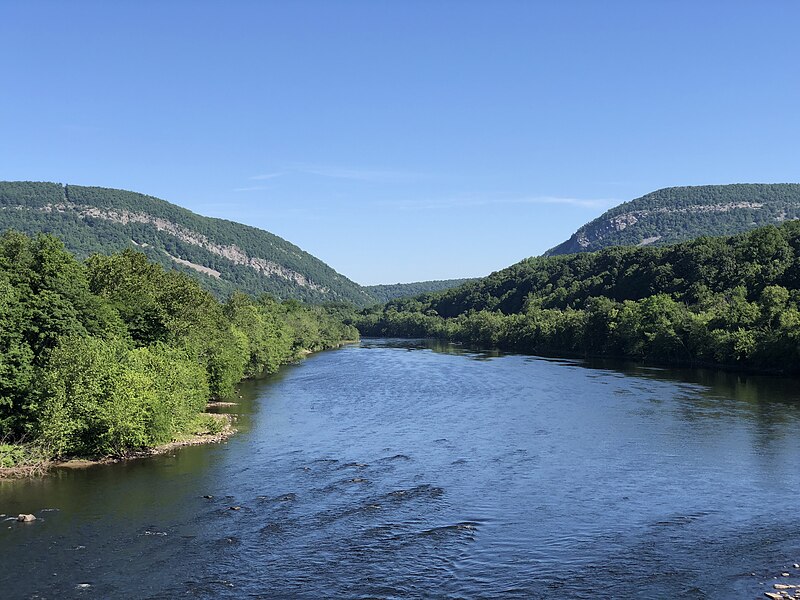 File:2021-06-16 09 10 03 View of the Delaware Water Gap from the Delaware River Viaduct over the Delaware River on the border of Knowlton Township, Warren County, New Jersey and Upper Mount Bethel Township, Northampton County, Pennsylvania.jpg