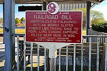 Historic marker placed by the Alabama Folklife Association near the site of Railroad Bill's death in Atmore, Alabama. 2022-10-16 Atmore, Alabama - Railroad Bill Historic Marker.jpg