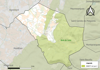 Carte de la ZNIEFF de type 2 sur la commune.