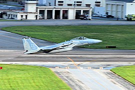 44th Fighter Squadron F-15C Eagle takes off at Kadena Air Base.jpg