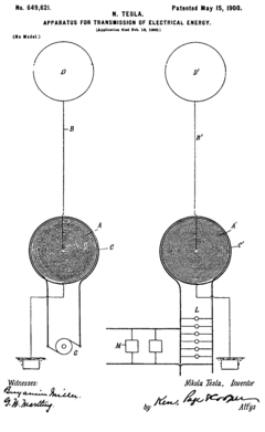 Drawing from the 1897 U.S. patent 649,621 "Apparatus for Transmission of Electrical Energy" (along with U.S. patent 645,576), shows Tesla's concept of transmitting electrical energy through the upper atmosphere via terminals supported by balloons tethered at up to 35,000 feet above sea level. APPARATUS FOR TRANSMISSION OF ELECTRICAL ENERGY.gif