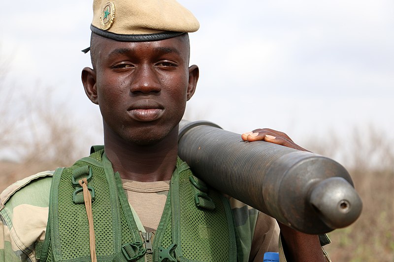 File:A Senegalese soldier with 1st Paratrooper Battalion carries an 81mm mortar tube during a patrol July 22, 2016 in Thies, Senegal.jpg