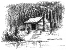 Cabane de rondins dans un bois. Une porte. Une cheminée sur le côté. Devant, un homme debout et un enfant assis.