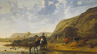 <i>River Landscape with Riders</i> Painting by Aelbert Cuyp