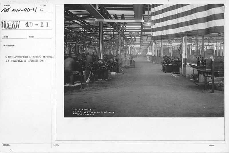 File:Airplanes - Engines - Manufacture of Liberty Motors, Nordyke and Marmon Co. Main first aisle to wards entrance - NARA - 17338597.jpg