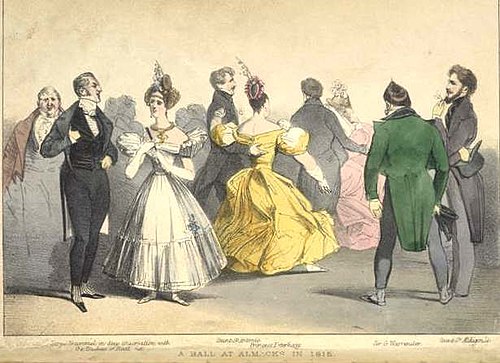 A ball at Almack's, supposedly in 1815; the couple on the left are annotated as 'Beau Brummell in deep conversation with the Duchess of Rutland'.