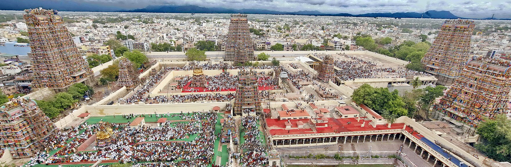 An aerial view of the Meenakshi Temple from the top of the southern gopuram, looking north. The temple was rebuilt by the Vijayanagara Empire.