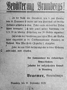 Announcement signed by General Walter Braemer, informing of the execution of 20 hostages on 9 September 1939 Announcement of death of 20 of Polish hostages executed by Nazi-German occupants in Bydgoszcz (September 1939).jpg