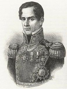 A lithograph showing the bust of a clean-shaven man. He is in military dress uniform with one medal around his neck and several others pinned at his shoulder.