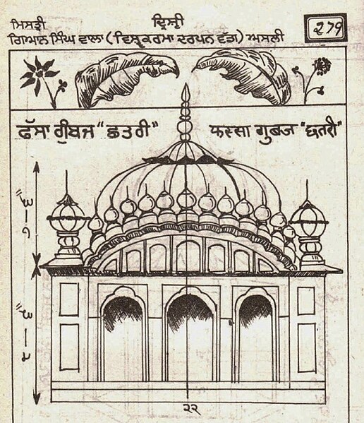 Architectural sketch depicting a dome design by Gian Singh Naqqash from page 279 of his book, Vishkarma Darpan, ca.1926