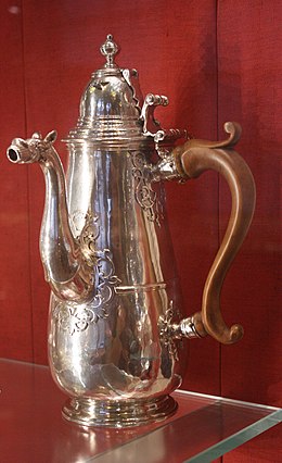 Silver chocolate pot with hinged finial to insert a moulinet or swizzle stick, London 1714–15 (Victoria and Albert Museum)