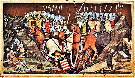 Battle of Menfo, in the corner (left) the depiction of the killing of Samuel Aba. Battle of Menfo and the murder of Samuel (Chronicon Pictum 050).jpg
