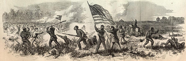 Sepia tone print shows white Confederate soldiers fighting black Union soldiers, one of whom waves as US flag.