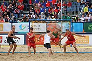 Deutsch: Beachhandball Europameisterschaften 2019 (Beach handball Euro); Tag 6: 7. Juli 2019 – Spiel um Platz Drei, Männer, Ungarn-Russland 2:0 (26:20, 23:22) English: Beach handball Euro; Day 6: 7 July 2019 – Men's Bronze Medal Match – Hungary-Russia 2:0 (26:20, 23:22)