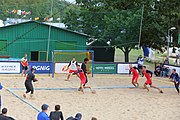 Deutsch: Beachhandball Europameisterschaften 2019 (Beach handball Euro); Tag 3: 4. Juli 2019 – Männer, Hauptrunde Gruppe II, Frankreich-Kroatien 0:2 (16:24, 10:27) English: Beach handball Euro; Day 3: 4 July 2019 – Men Main Round Group II – France-Croatia 0:2 (16:24, 10:27)